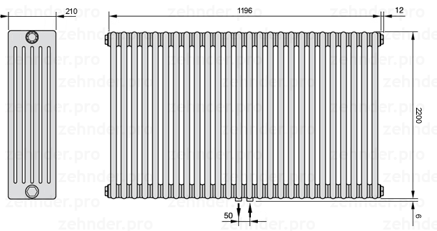 Схема (чертеж) Радиатор Zehnder Charleston 6220/26 №5410 Белый глянцевый RAL 9016